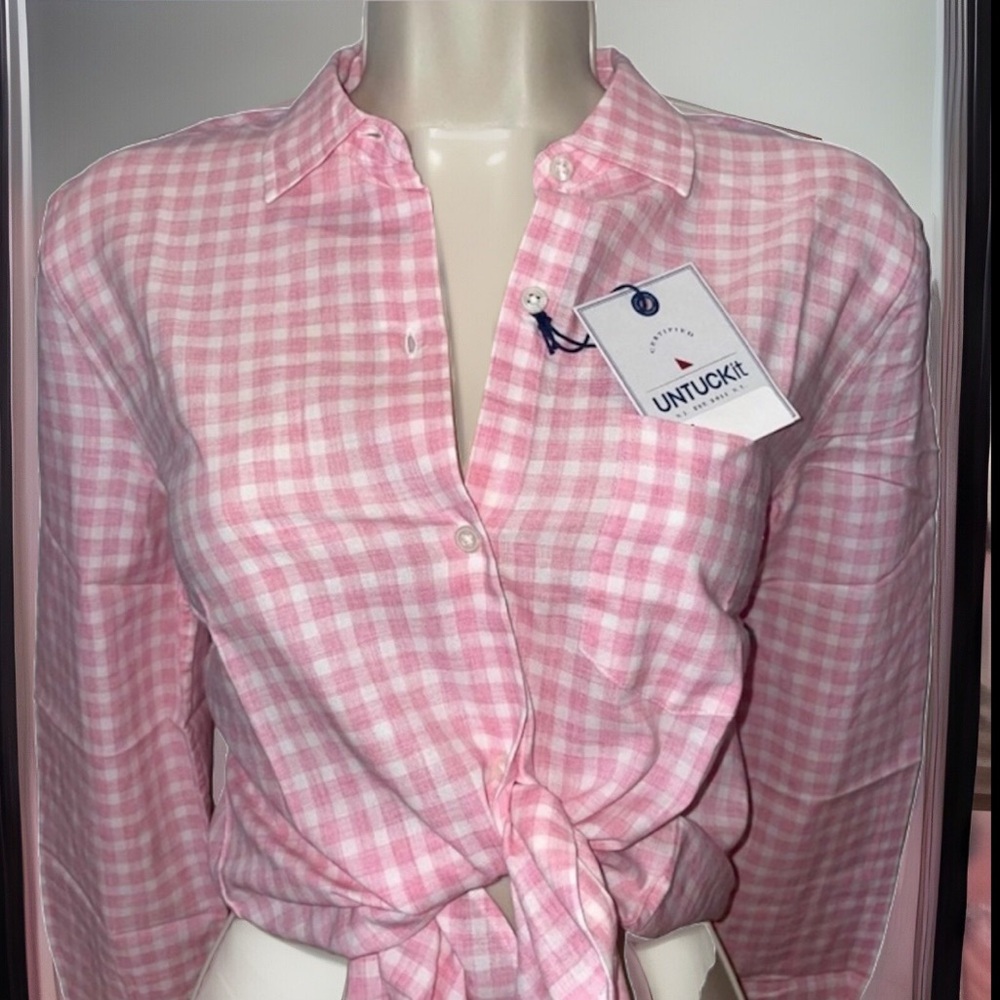 UNTUCKit Button Down Pink Gingham Plaid Long Sleeve “Chasseles” Shirt 💯 Cotton